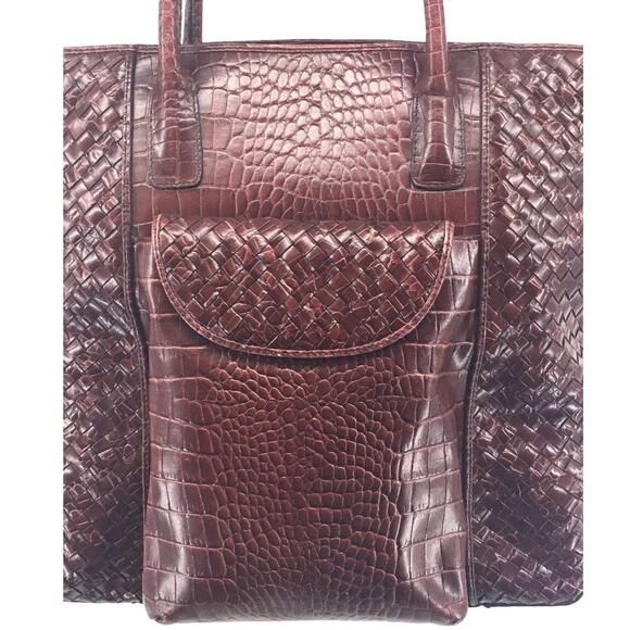 Carla Mancini Woven Croc Leather Tote Bag Brown 12" Vintage Italian Handbag - Picture 2 of 5